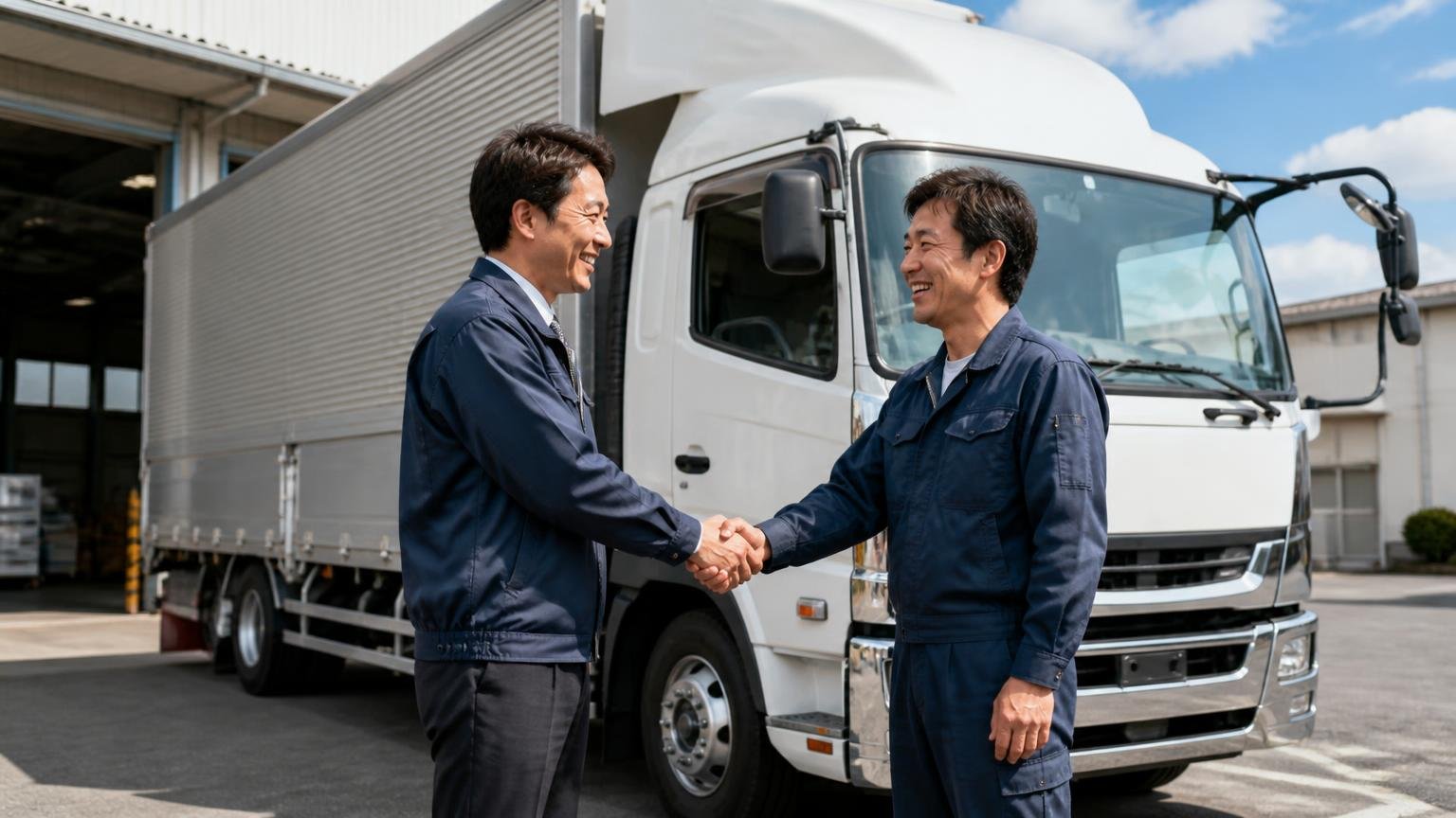トラックエイトが向いている人。千葉の営業所の車庫に停まった4tウイングの前で男性2人が握手を交わし笑顔を見せる