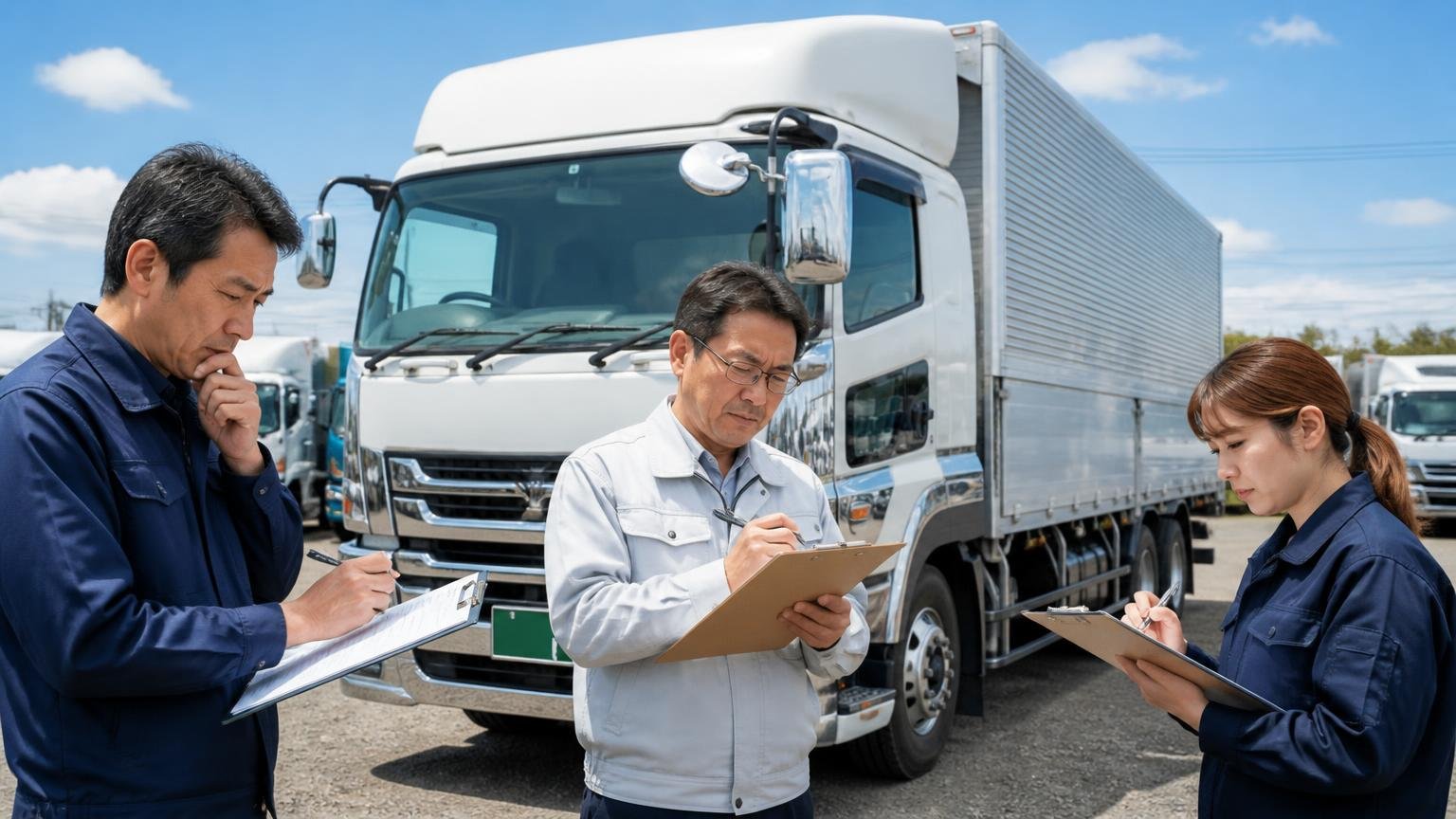 同じ1台でも業者によって評価が変わる理由｜同じウイング車を前に別々の査定士3人がそれぞれ書類に書き込む