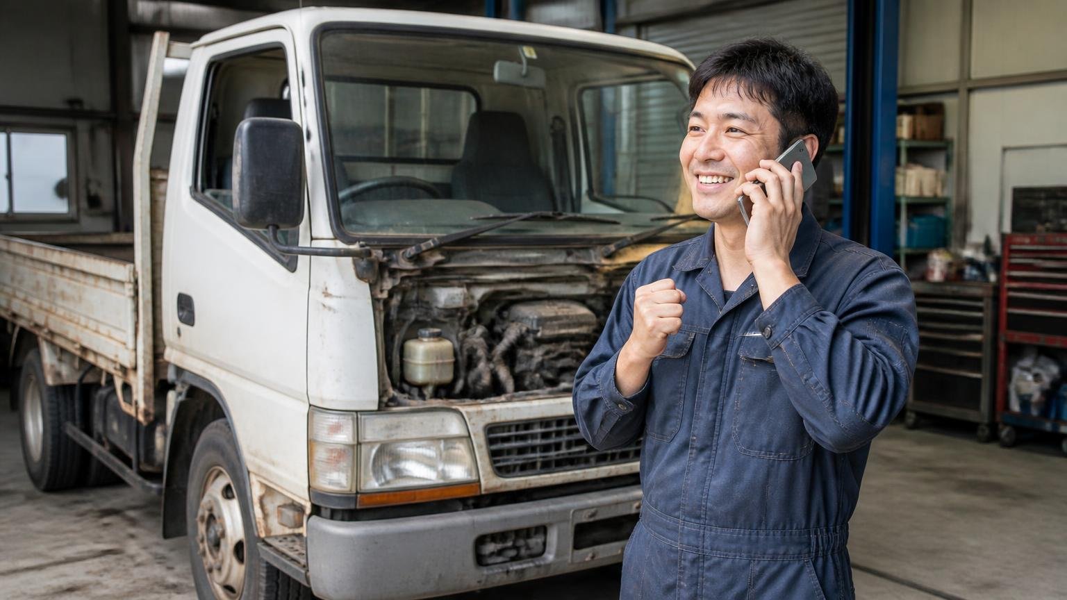 共栄自工が向いている人。車庫で動かなくなった古い2t平ボディの前に立つ男性が安心した表情で電話する場面