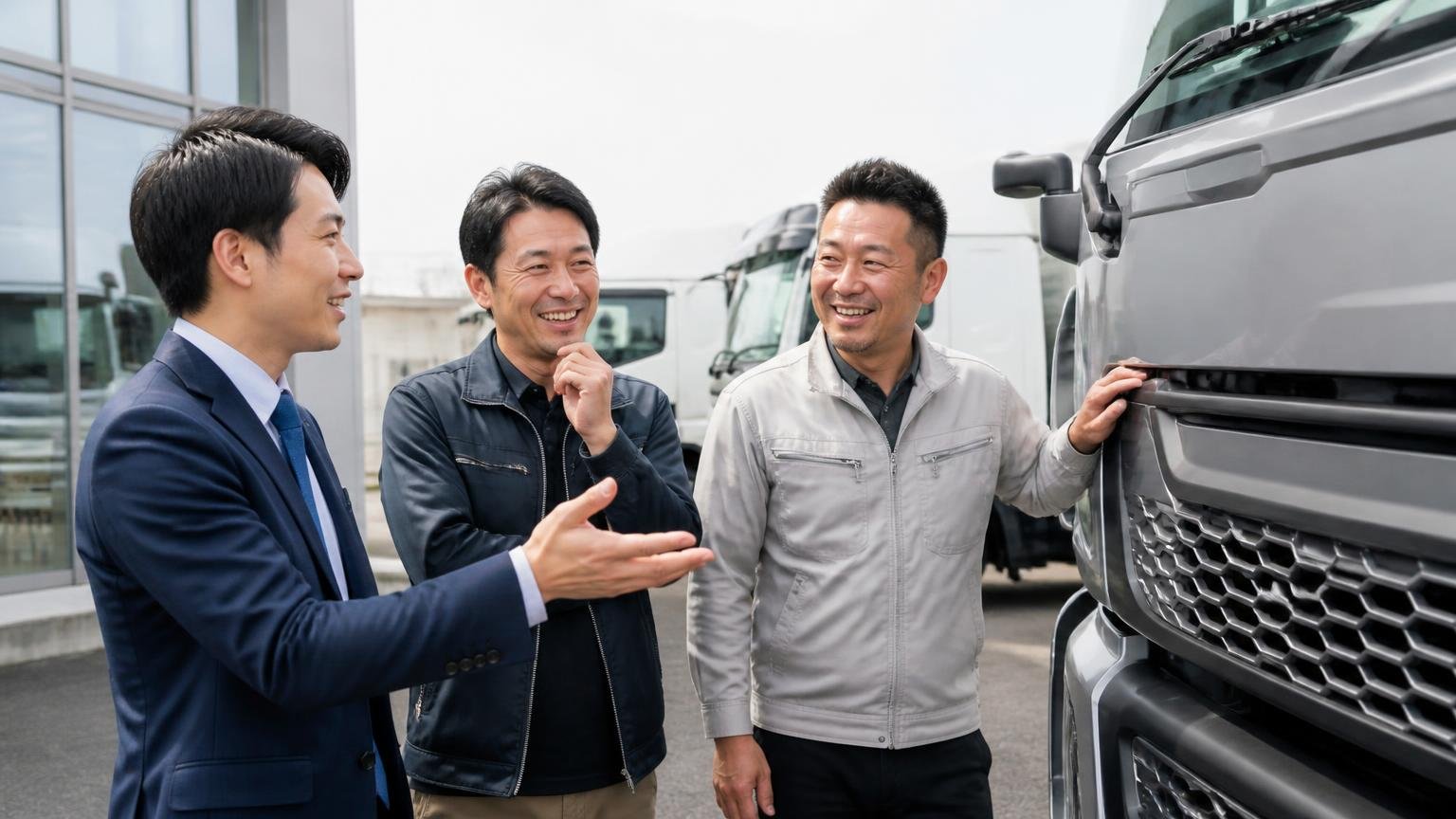 グローバル・トラックスが向いているのはこんな人 常総市の展示場で実車を見ながら相談する男性3人が笑顔