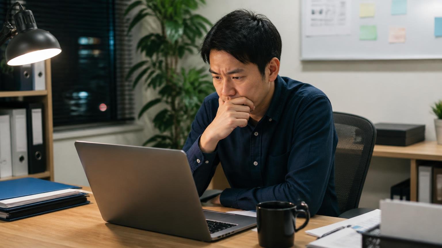 本文つきの否定的な口コミは見つからなかった 夜の事務所でパソコンに向かい検索結果を追う男性1人
