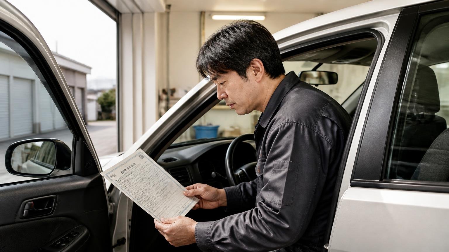 手元に用意する4つは車検証があれば8割終わる。早朝の車庫で運転席のドアを開け男性が車検証を取り出す