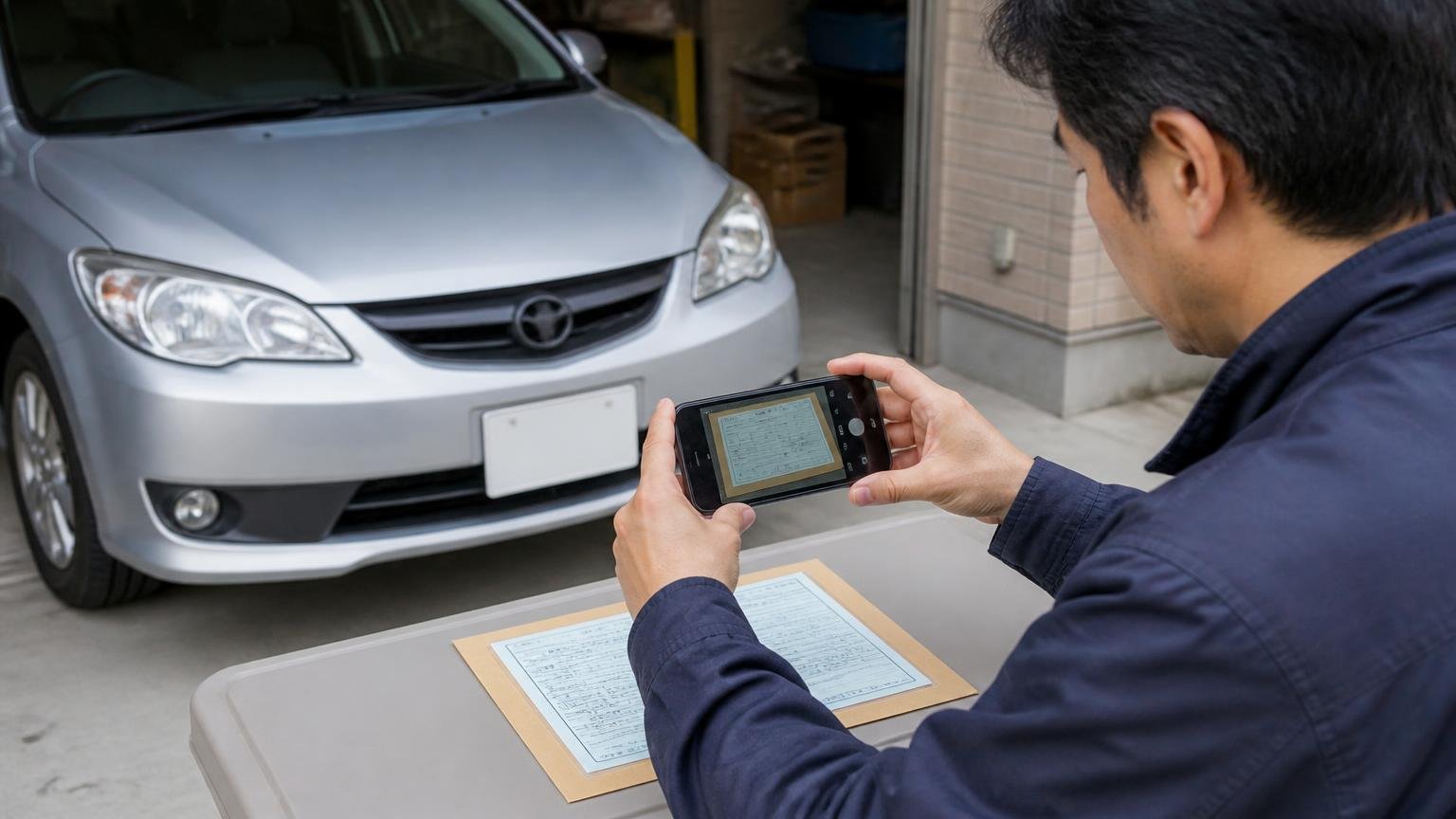 電話を増やさず複数社の査定を取る進め方、早朝の車庫で男性がスマホで車検証を撮影する場面