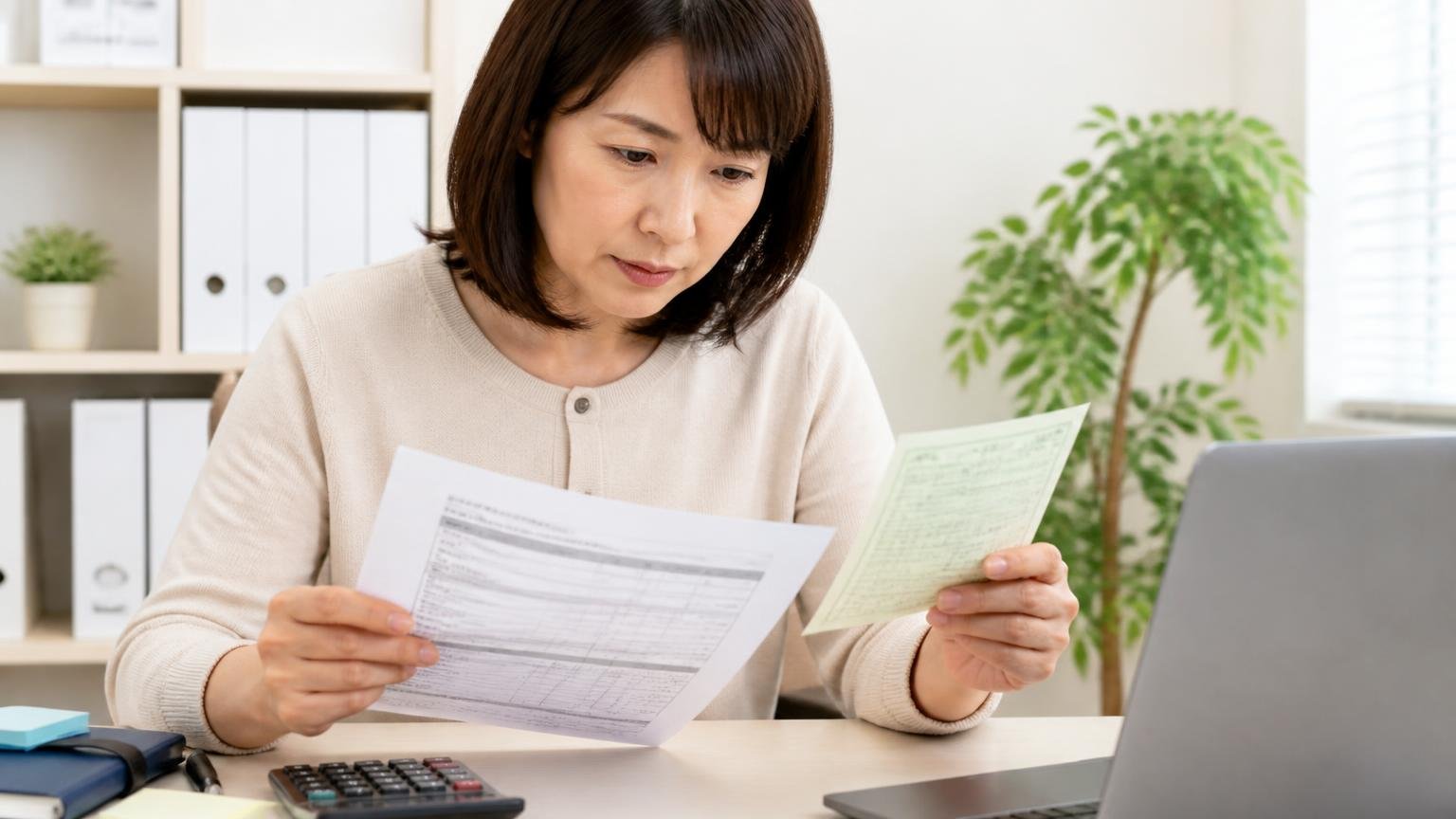 リサイクル料金・自動車税・自賠責の扱いを見積書の項目で確認する。事務所の机で見積書と自賠責の証明書を並べて確認する女性1人