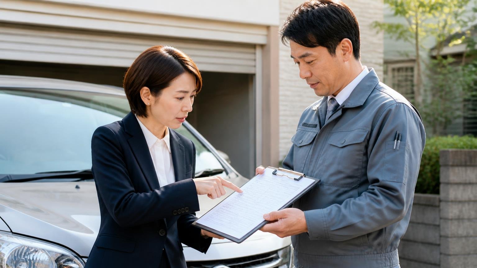出張査定と見積書で確認すること|内訳・税金・リサイクル料金 車庫の前で見積書の内訳を指さして確認する事務担当1人と査定士1人が向き合う