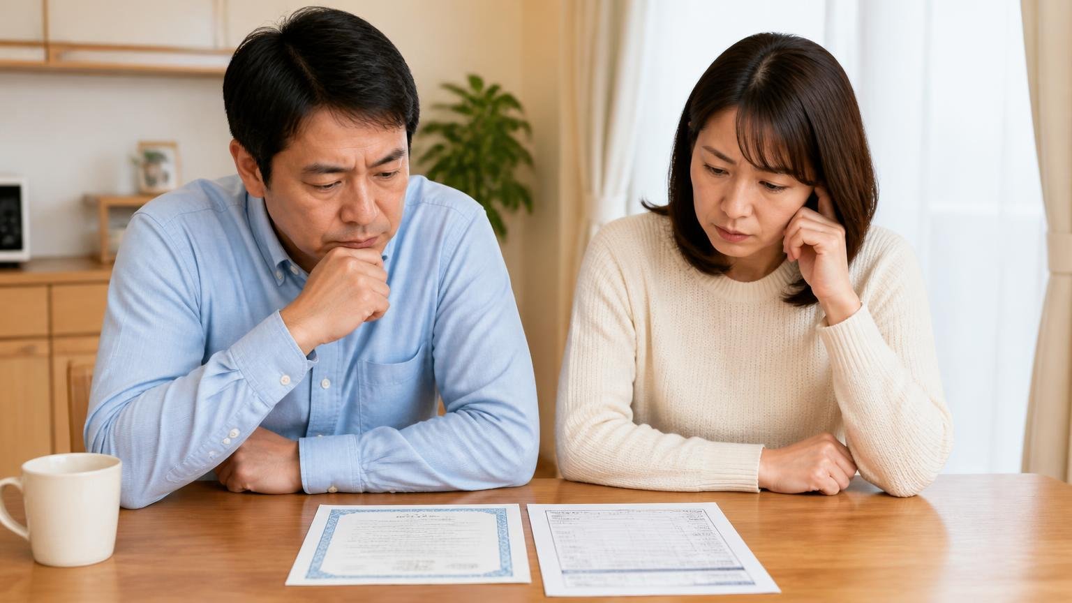 自賠責保険とリサイクル料金はどう扱われる? 自宅の食卓で保険証明書と見積書を並べて確かめる夫婦2人 真剣な表情