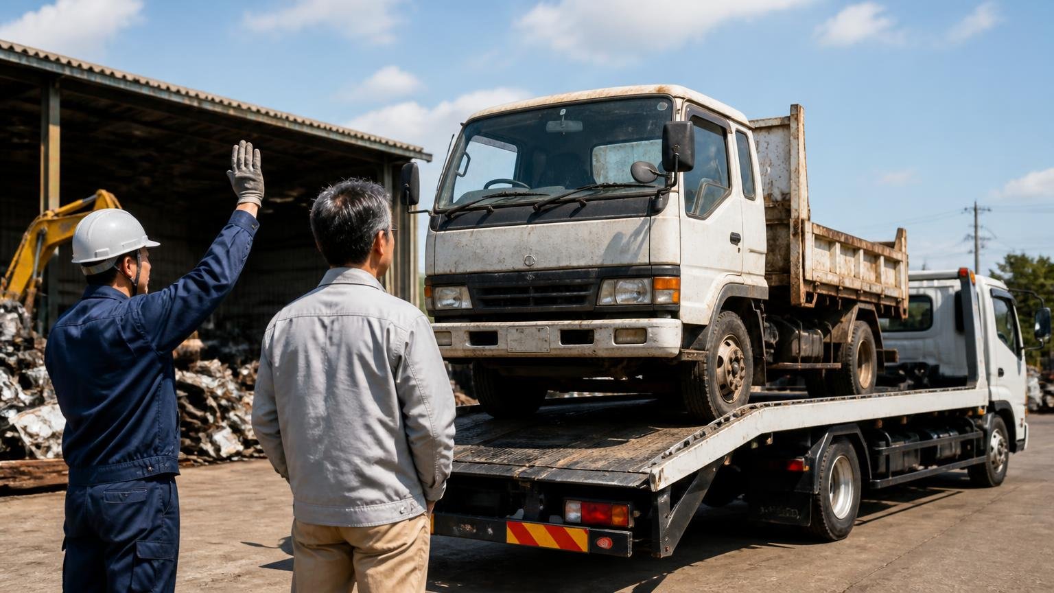 廃車（抹消登録）になる場合の違い｜解体工場のヤードで積載車に載せられる古いトラックを、作業員と持ち主の男性が見送る場面