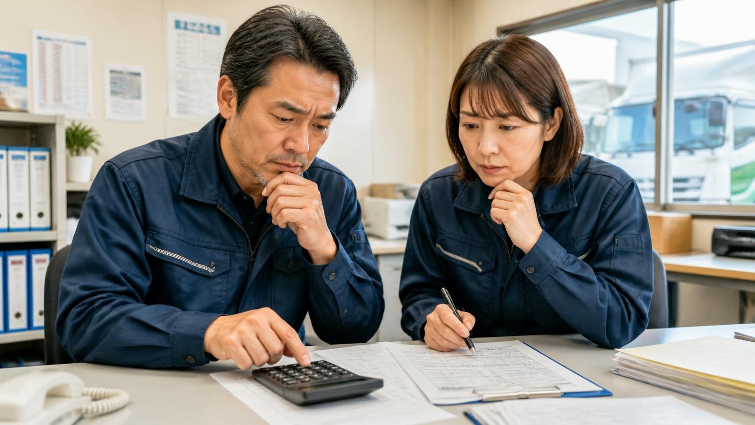 自動車税・自賠責・リサイクル料金は「売却」と「廃車」で扱いが違う 事務所で電卓と書類を前に確認する運送会社の夫婦2人が真剣な表情
