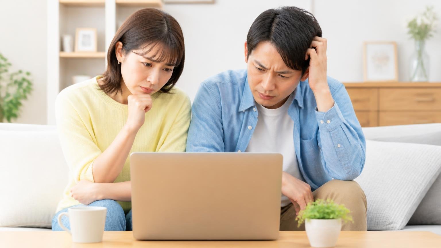 一括査定サイトが向いている人・向いていない人、自宅のリビングでノートパソコンの入力画面を前に悩む30代夫婦