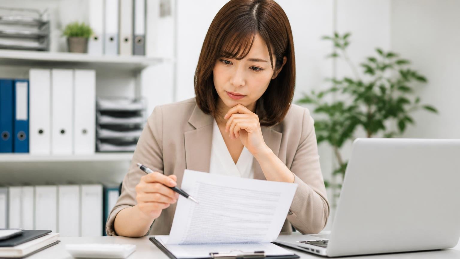 減額条件・入金日・キャンセルを書面で確認する|事務所で契約書にペンを向けながら内容を読み返す30代女性の事務担当