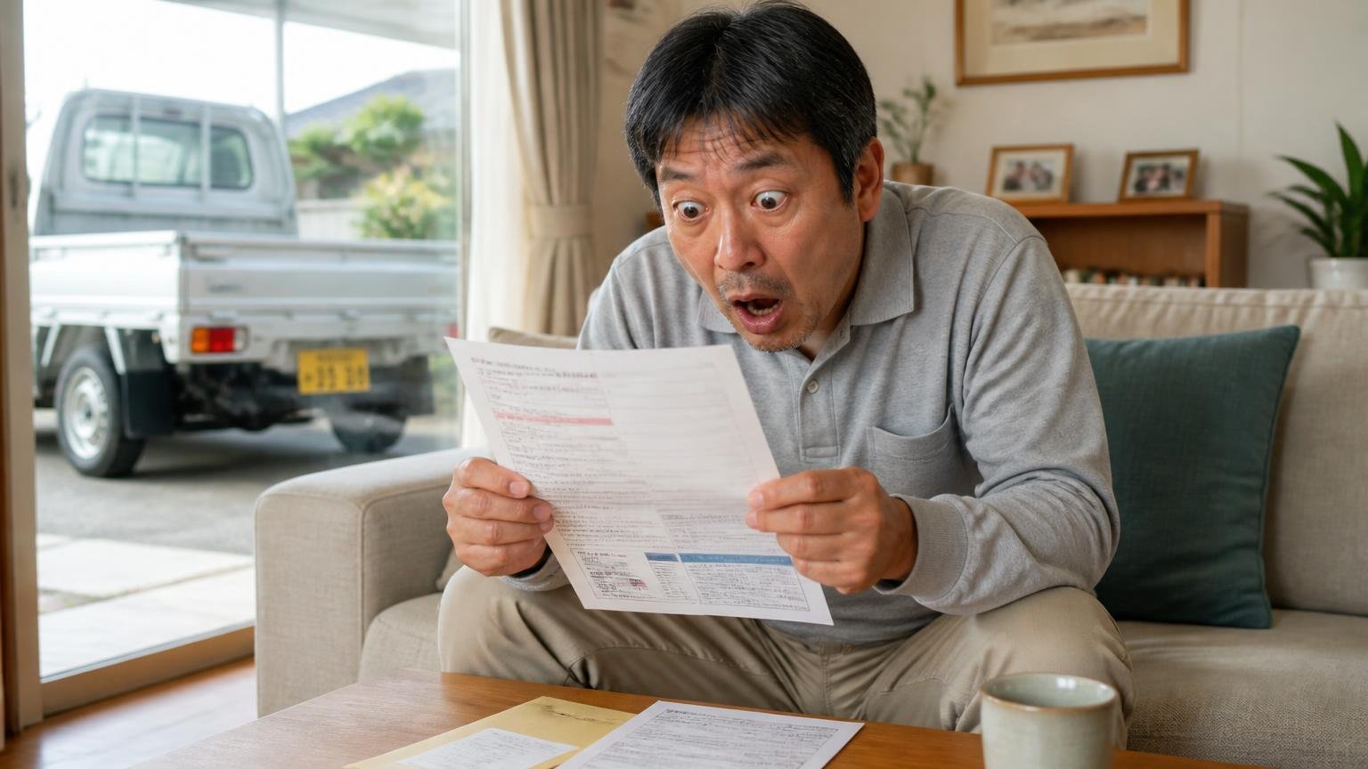 名義変更は「いつ終わるか」を書面で確認する。自宅の居間で届いた納税通知書を見て目を丸くする軽トラ持ちの中年男性