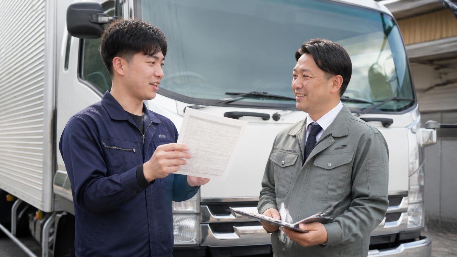 他社の見積もり額や希望の金額を伝えて相談する:トラックの前で若い男性ドライバーが見積書を見せて話しかけ、査定員が笑顔でうなずく
