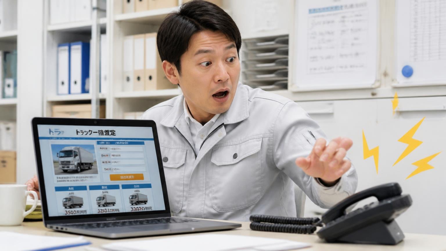 一括査定サイトが向いているケース 事務所でパソコンのトラック一括査定画面を見ていると電話が鳴って驚く男性