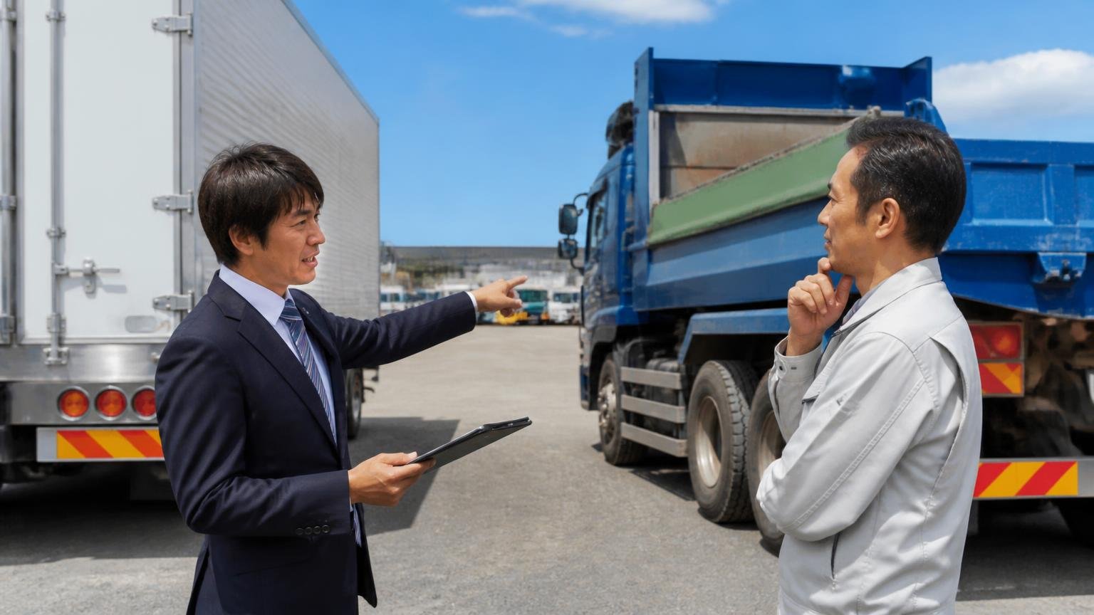 自分のトラックの得意分野に合う業者を1社は入れる トラックヤードでトレーラーとダンプを見比べて話し合う運送会社の社長と査定士