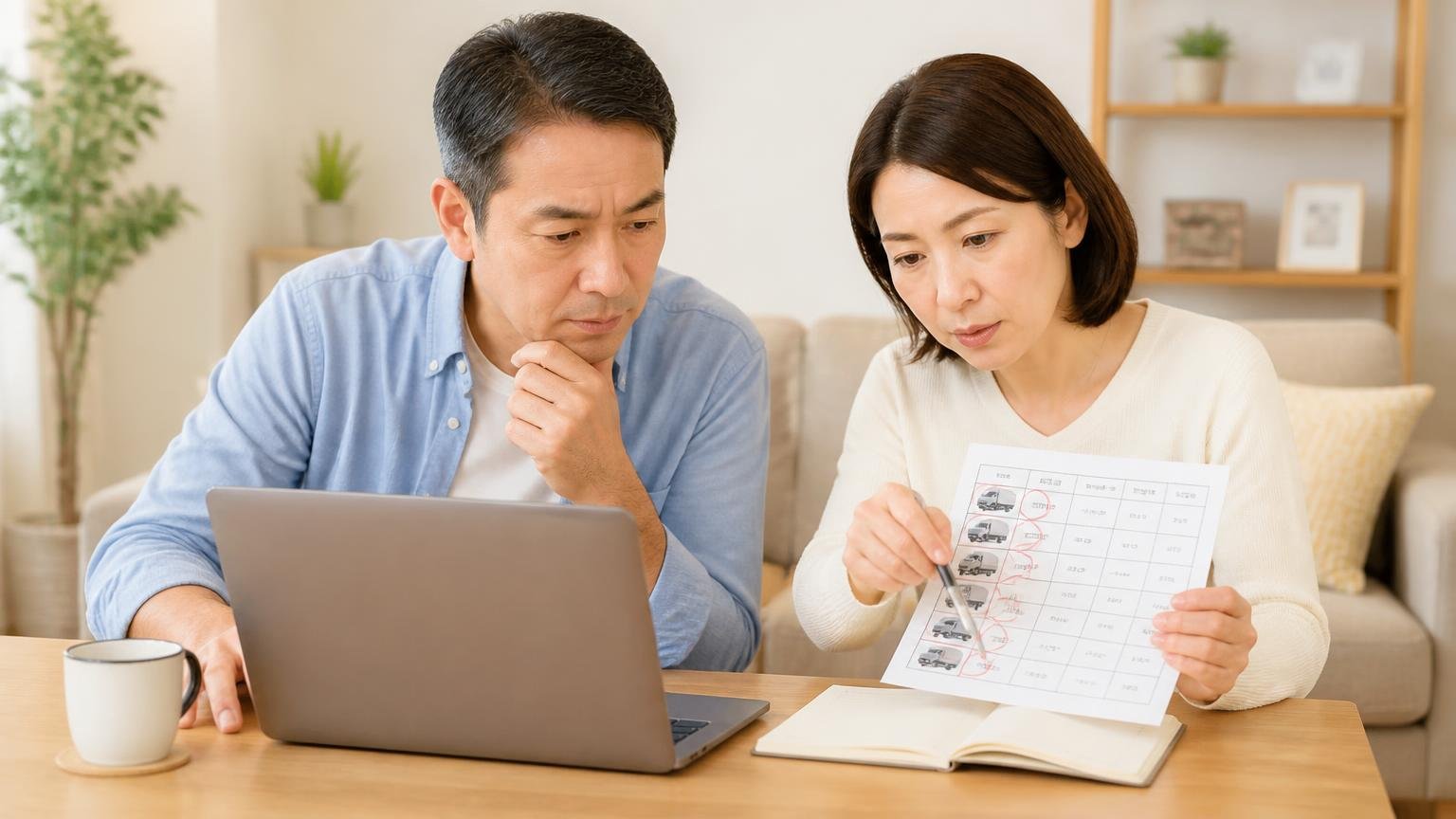 無料査定は2〜3社に絞って申し込む、自宅の居間でノートパソコンのトラック査定フォームに入力しながら候補の業者に丸をつける夫婦2人