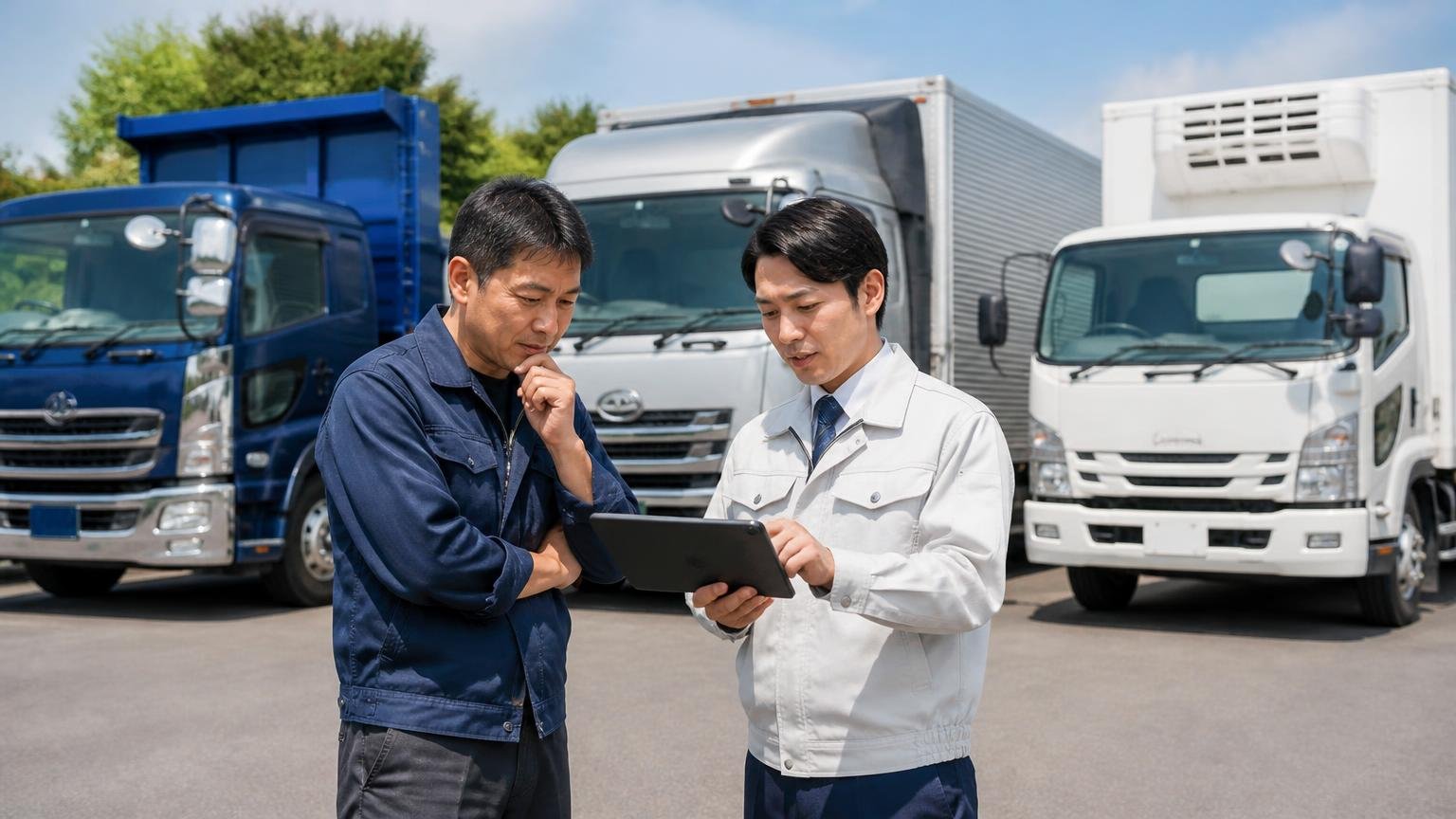 車両と事情に合う業者を選ぶ 車庫に並んだダンプとウイング車と冷凍車の前でタブレットを見ながら相談するドライバーと査定員の2人