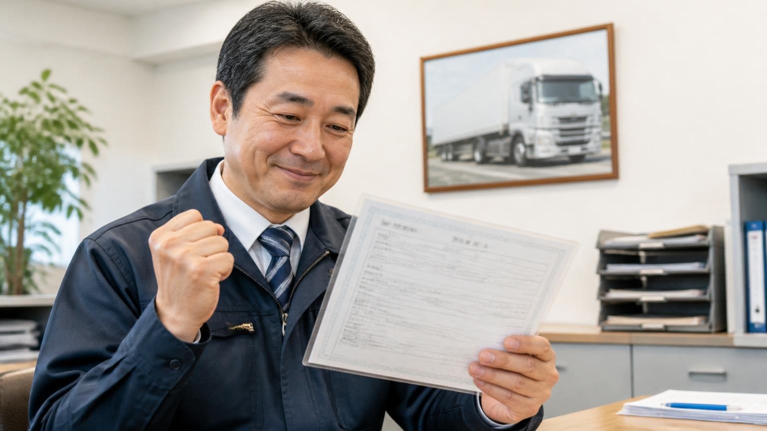 名義変更は15日以内、事務所でトラックの車検証の写しを受け取りほっとした表情を見せる運送会社の社長