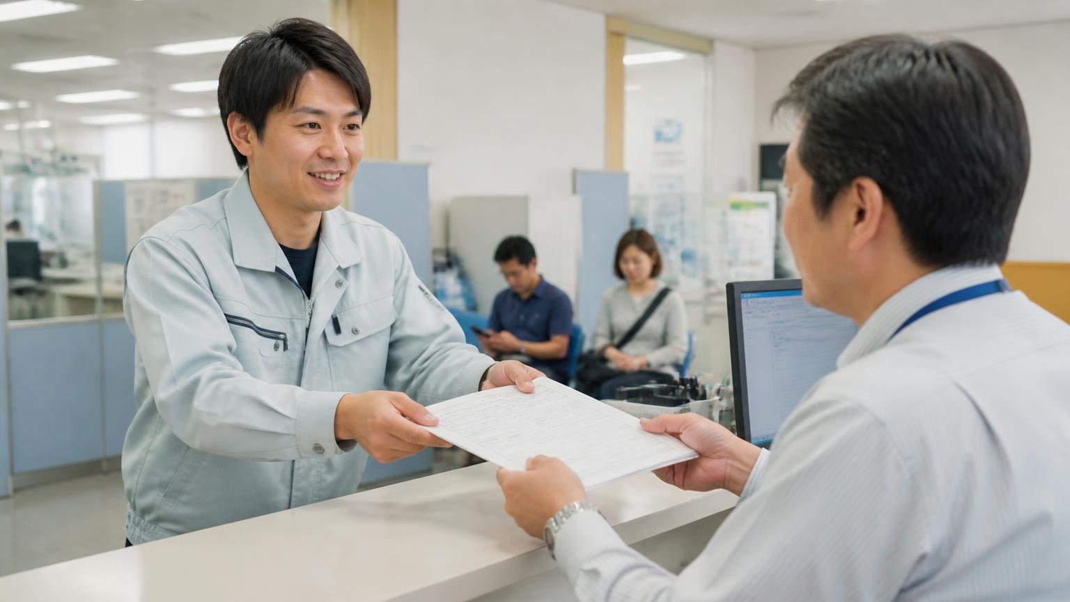 登録トラックは福井運輸支局、軽トラは軽自動車検査協会 福井事務所 役所の窓口でトラックの名義変更の書類を提出する作業着姿の男性