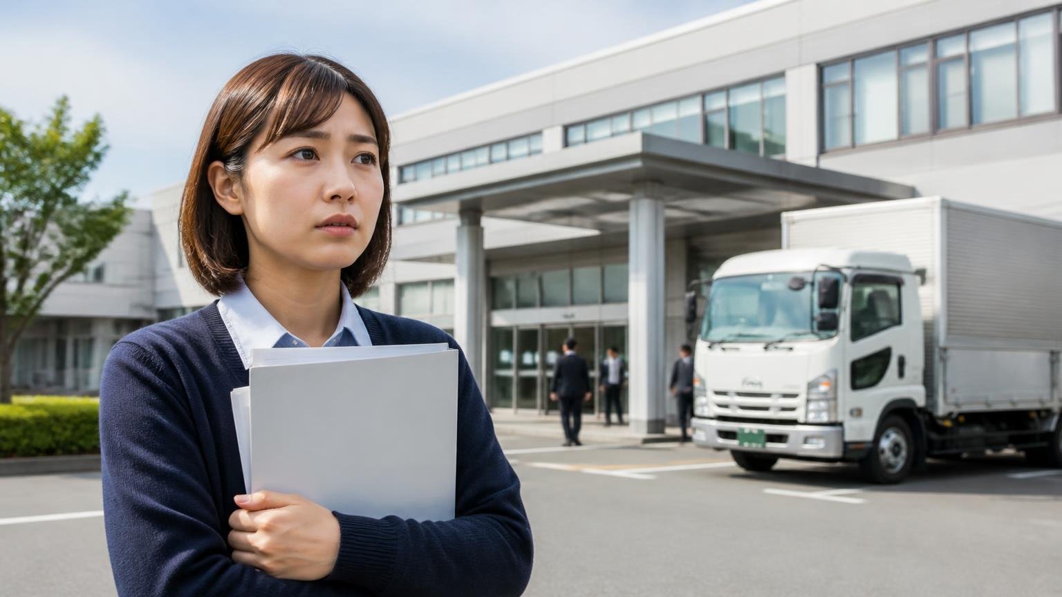 名義変更は15日以内 愛知県内4つの運輸支局等 運輸支局の建物の前でトラックの書類を入れたファイルを抱える運送会社の女性事務員