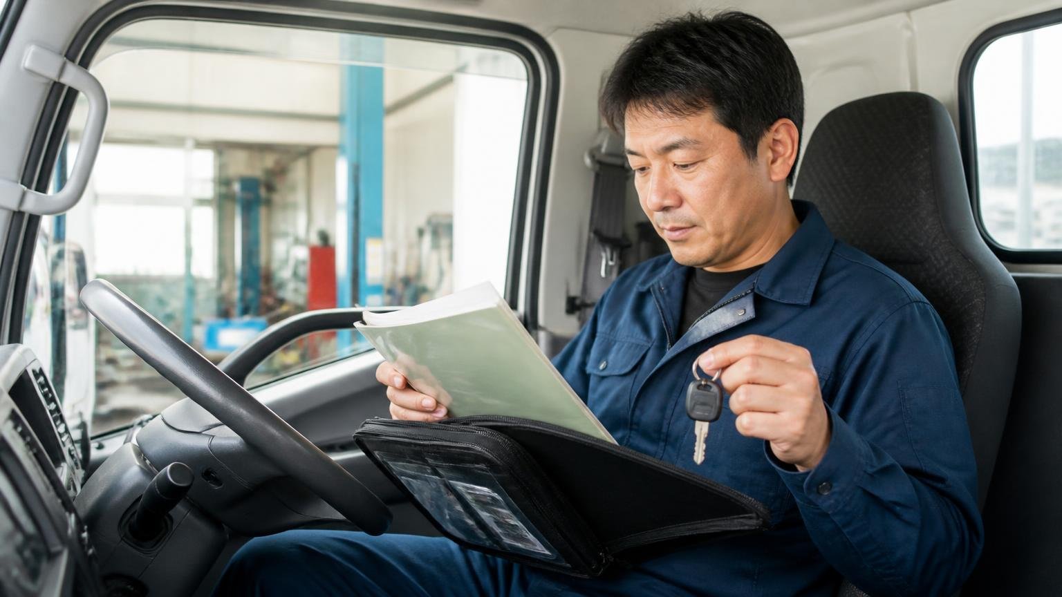 車検証と整備記録簿と付属品をそろえる|トラックの運転席で車検証入れから整備記録簿とスペアキーを取り出す運転手1人