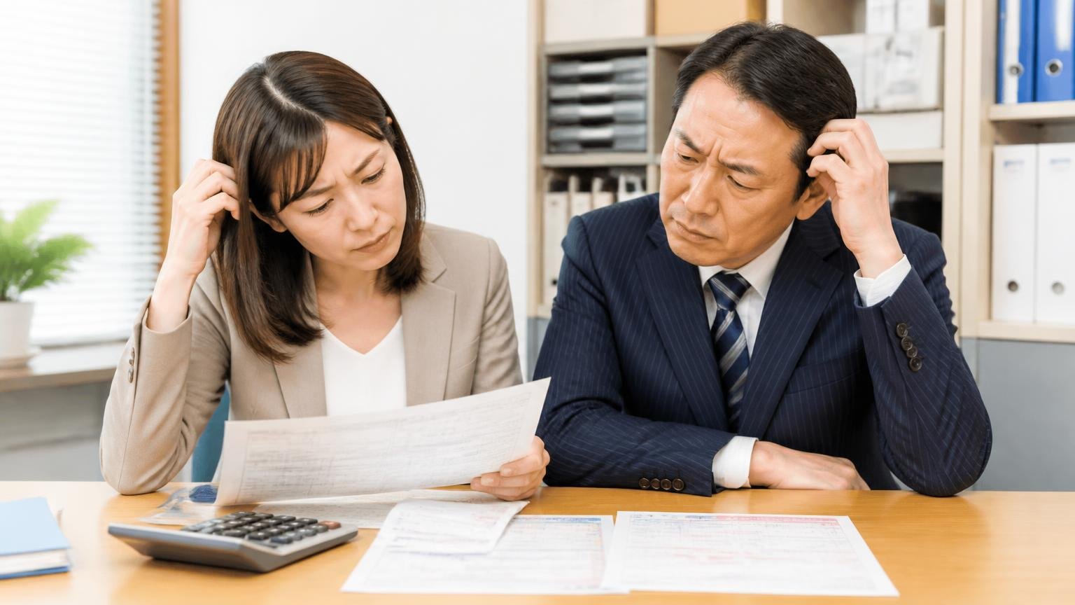 売却では自動車税は戻らない、事務所のテーブルで納税通知書と電卓を広げた経理担当の女性と社長の2人が首をかしげる