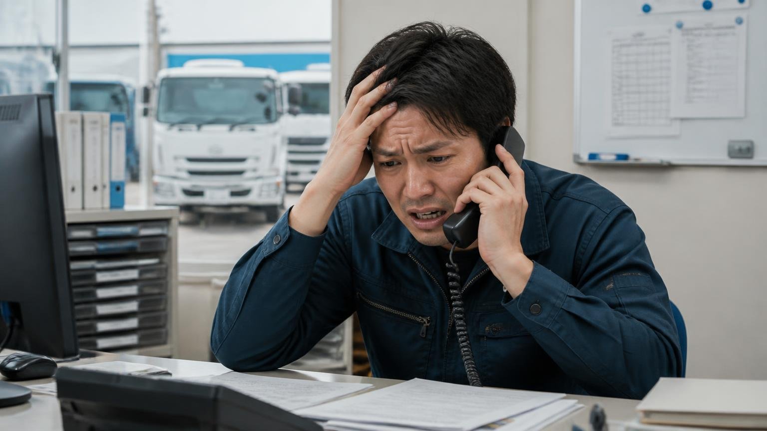 不具合は先に伝える｜売ったあとの返金請求を防ぐ 営業所の電話口で、売却済みトラックについての連絡を受けて頭を抱える個人事業主