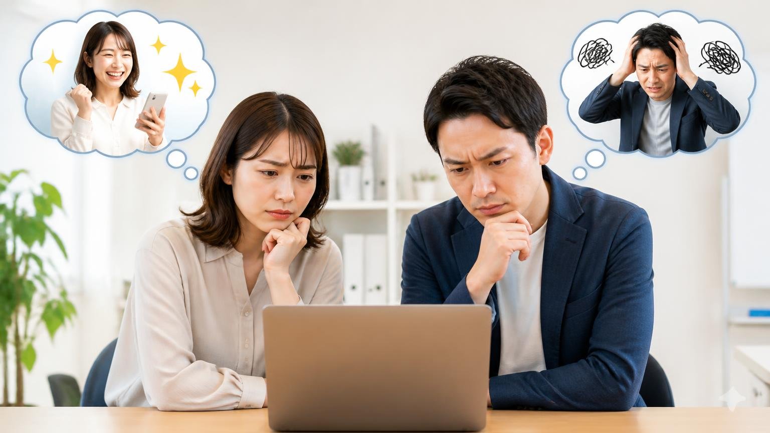一括査定が向いている人・向いていない人、事務所でノートパソコンの申込画面を見て迷う表情の女性と男性
