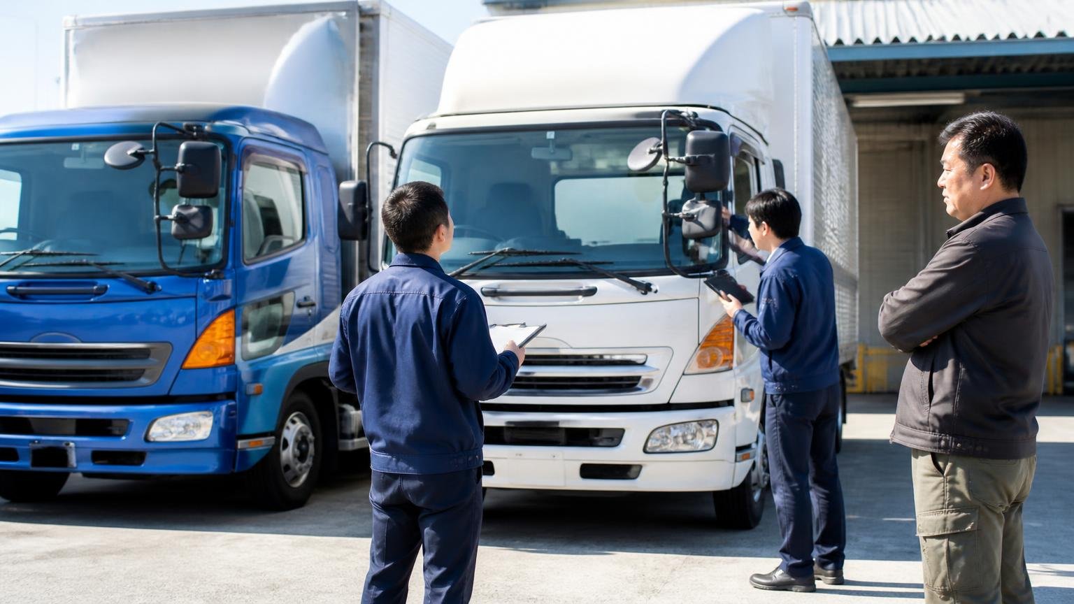 同じ条件で2〜3社を比べる|営業所前のトラックを2社の査定員が見て回り腕組みの運送会社の経営者が見守る場面