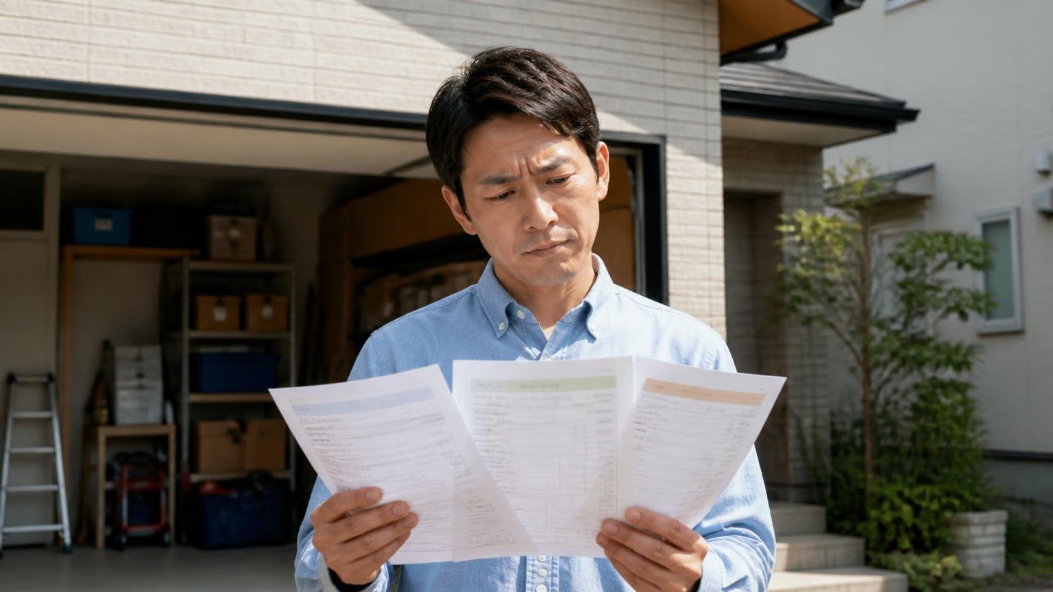 評判は比べる相手を選ぶために使う 車庫の前で3社の見積書を手に持ち考え込む男性1人