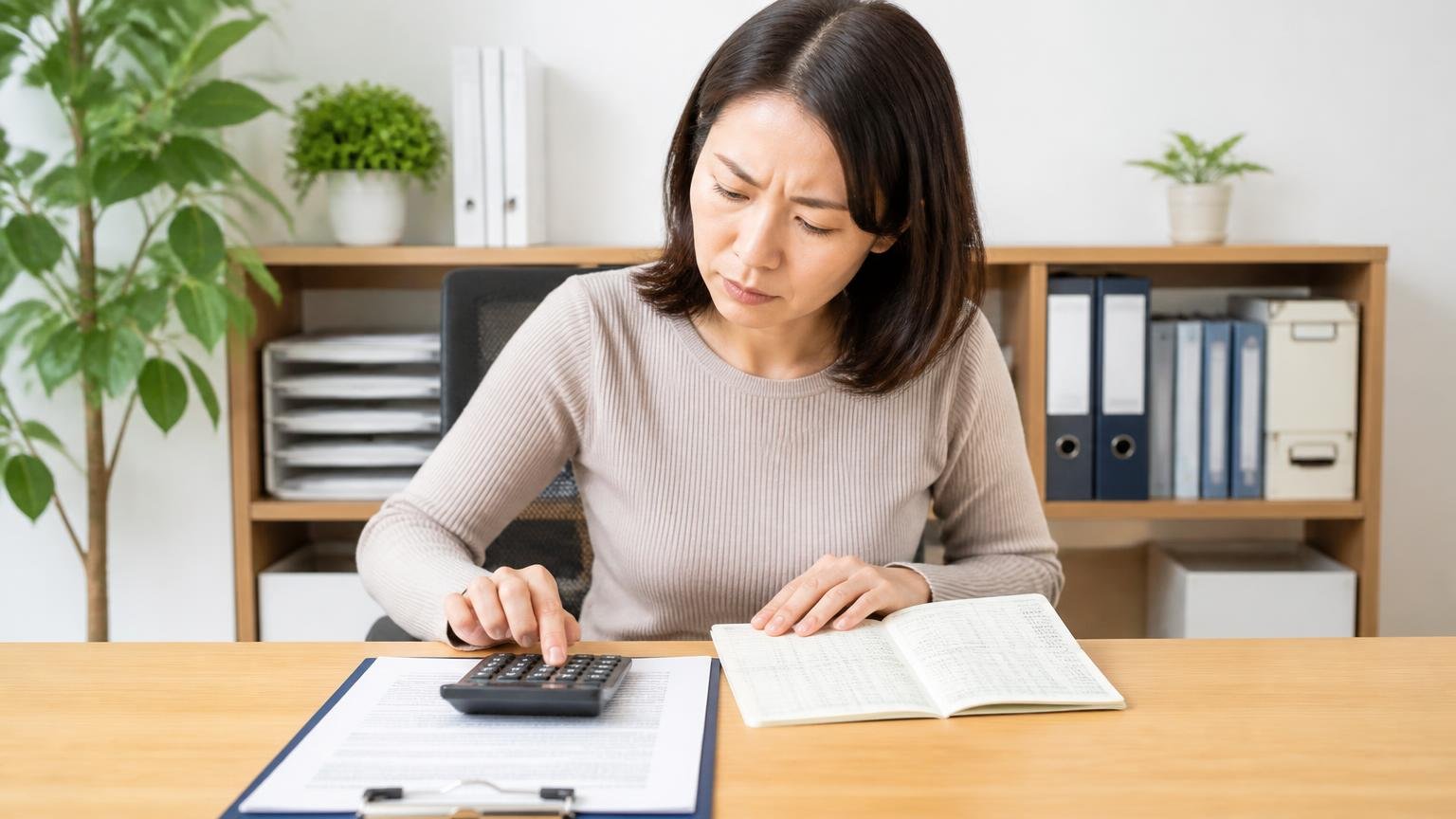 支払いのタイミングは条件で変わる 事務所で通帳と契約書を並べて確認する女性1人が電卓を叩く