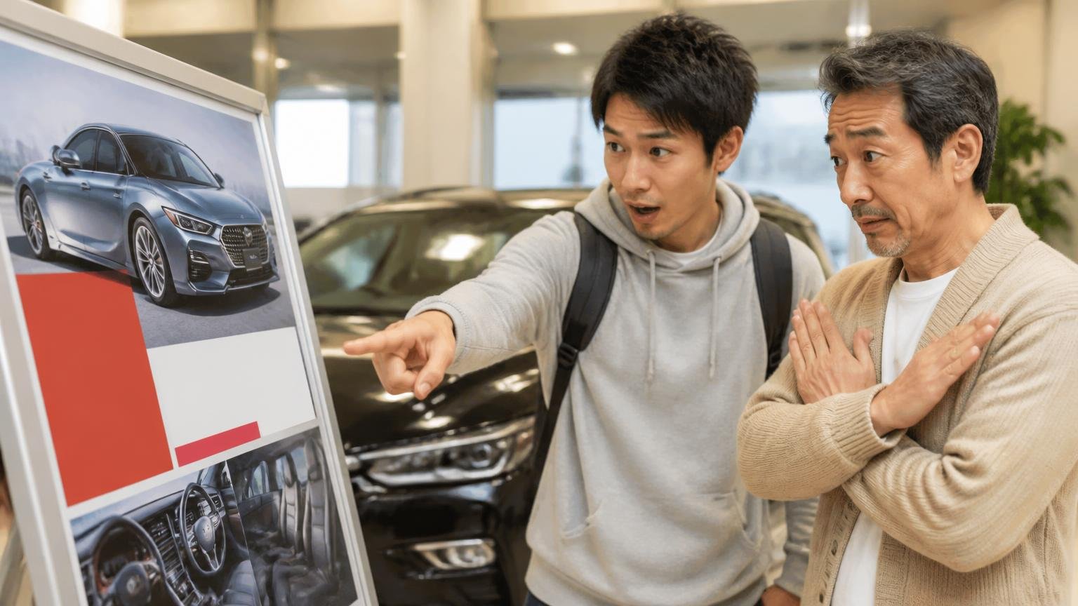 数字の読み方を学ぶ。展示場の看板の前で、若い男性が広告の数字を指さし年配男性が首を振る