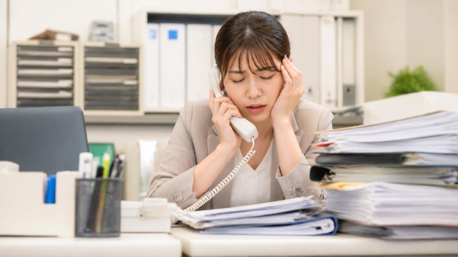 何社にも電話する手間に疲れる場面。事務所の机で受話器を持ち書類の山を前にため息をつく女性1人