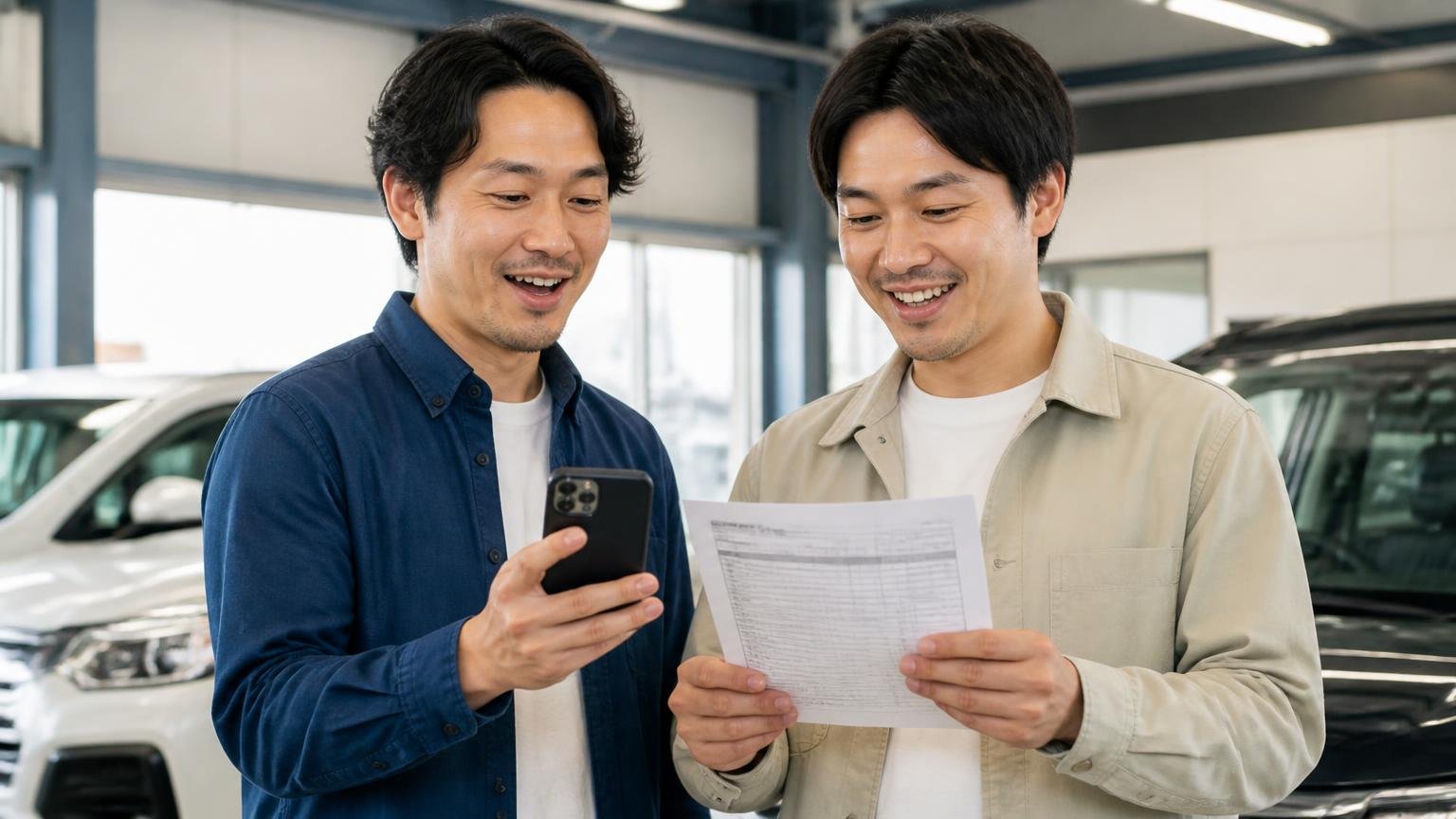 カネタニの金額を並べる相手に選ばれている買取業者、車庫でスマホと見積書を交互に見る男性2人が納得した表情