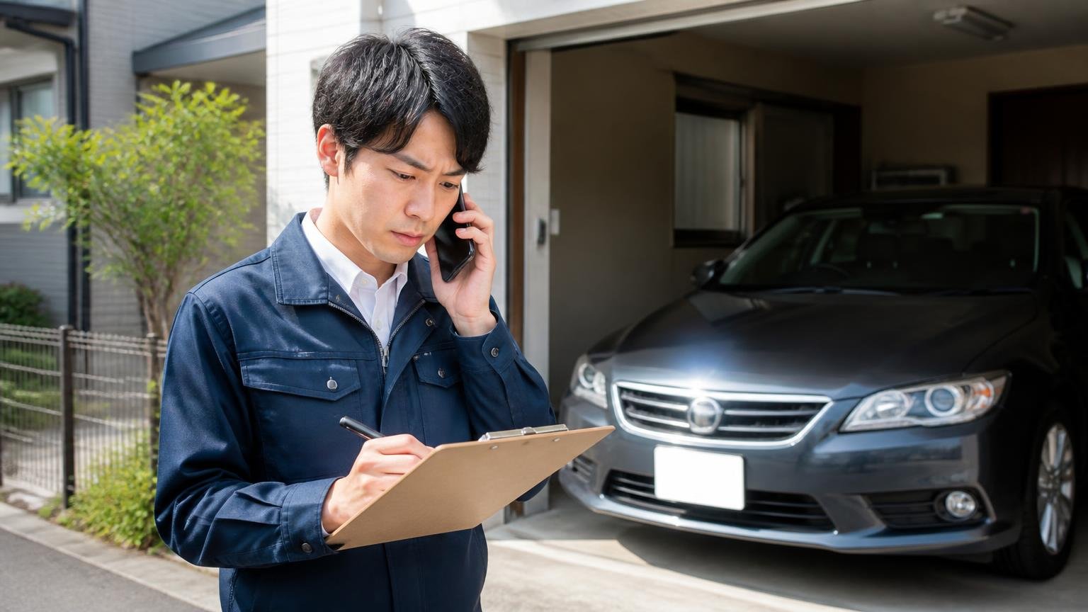電話1本と査定当日にこの6つを確認する。車庫の前で電話をかけながらメモを取る場面。20代男性が真剣な表情でメモ