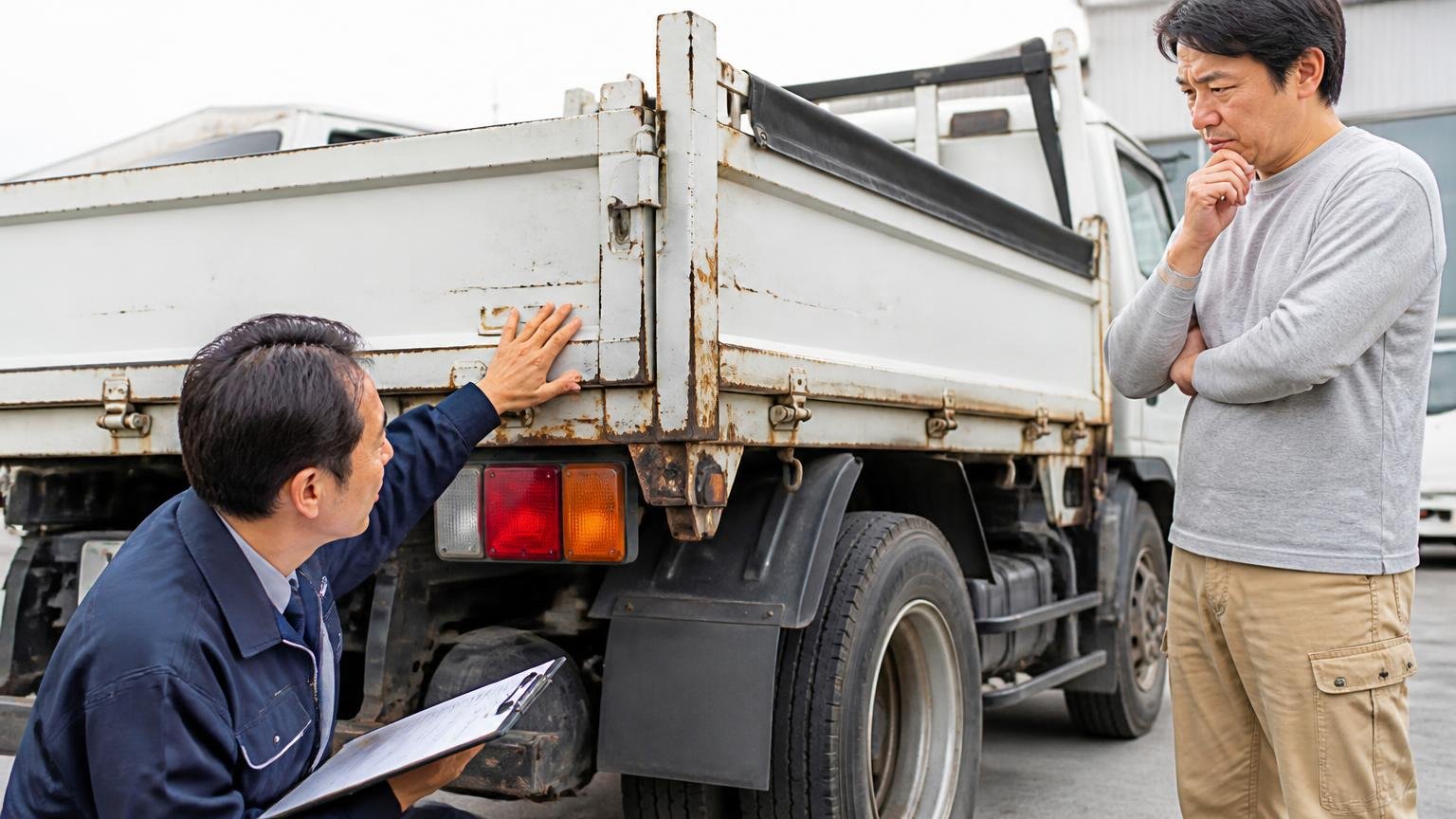 減額の条件と、見積書に書いてもらう項目、トラックの荷台まわりを確認する査定員と立ち会うオーナー、緊張した表情