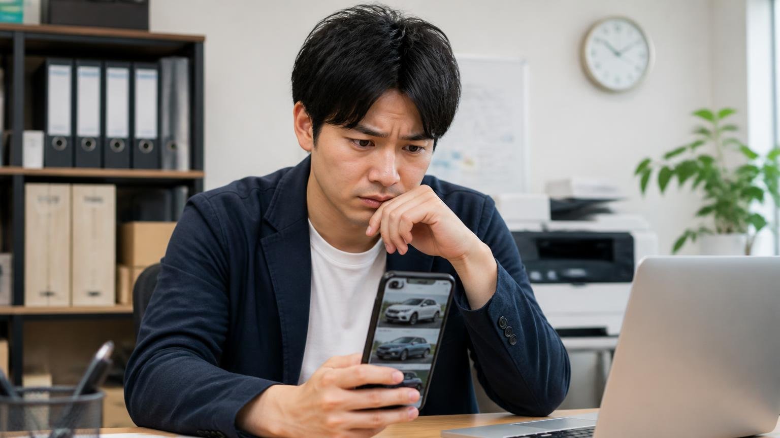 パークトラックが向いていない人|写真だけで決めたい人、条件を最初から書面で固めたい人 事務所でスマホの車両写真を不安げに見つめる若い男性1人