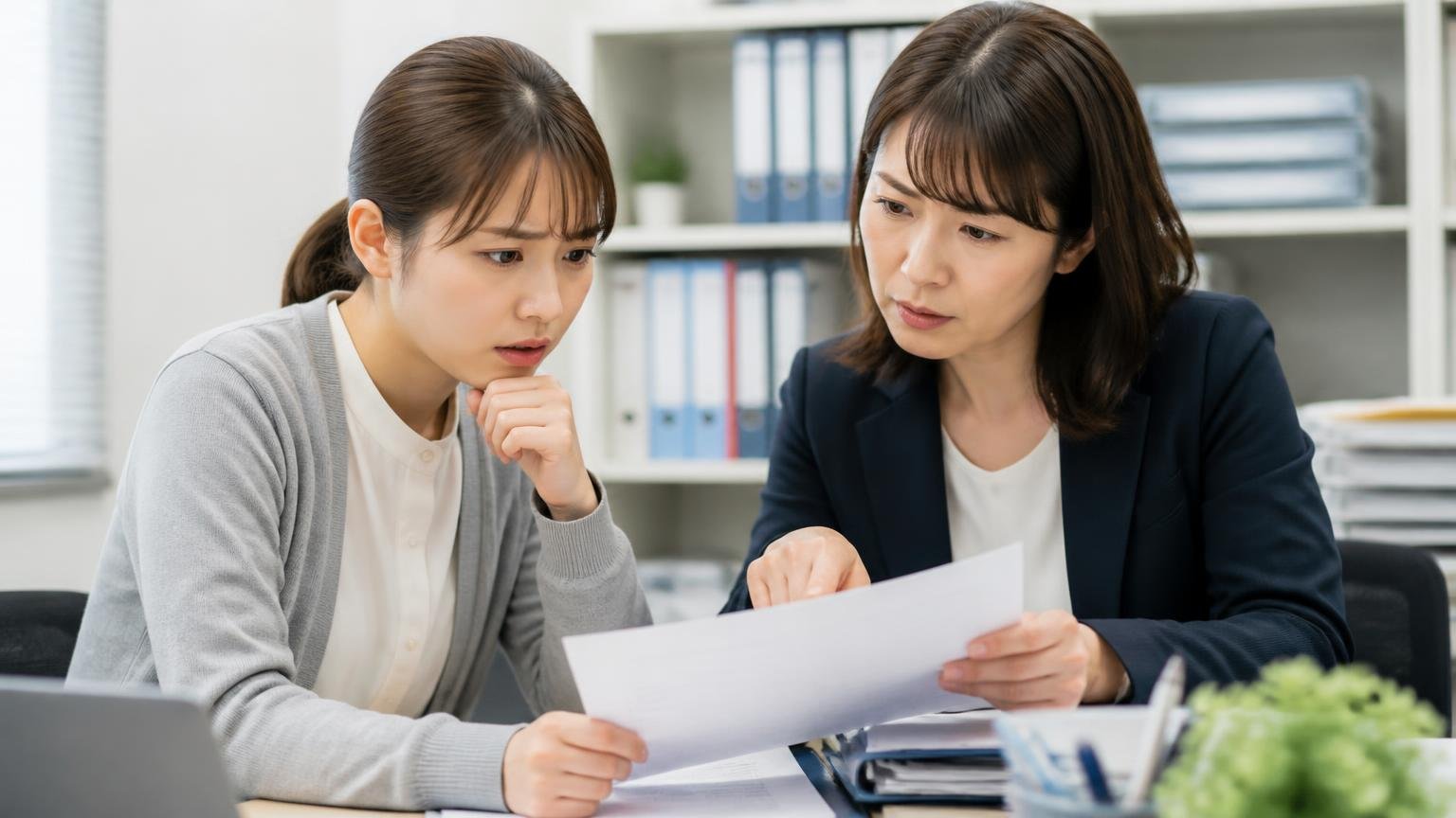 減額の条件・キャンセル条項・支払条件を書面で確かめない、事務所で契約書を読み込む場面、事務員と先輩の2人、書類を指さし確認する