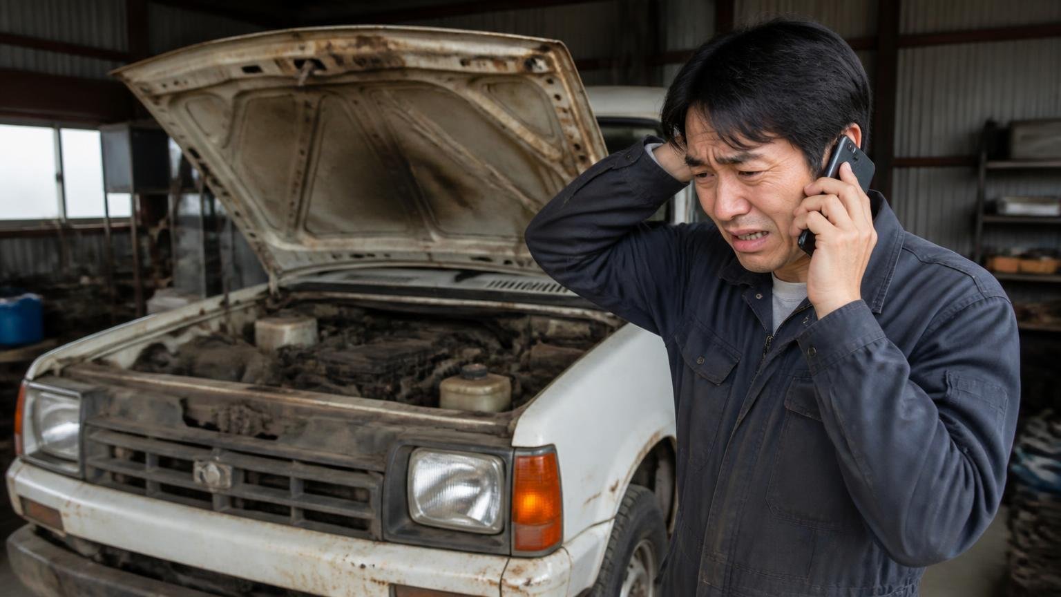 動かない・壊れている車両は自社買取の対象外|最初に状態を正直に伝える(車庫の奥でボンネットを開けた古いトラックを前に、困り顔で電話する男性)