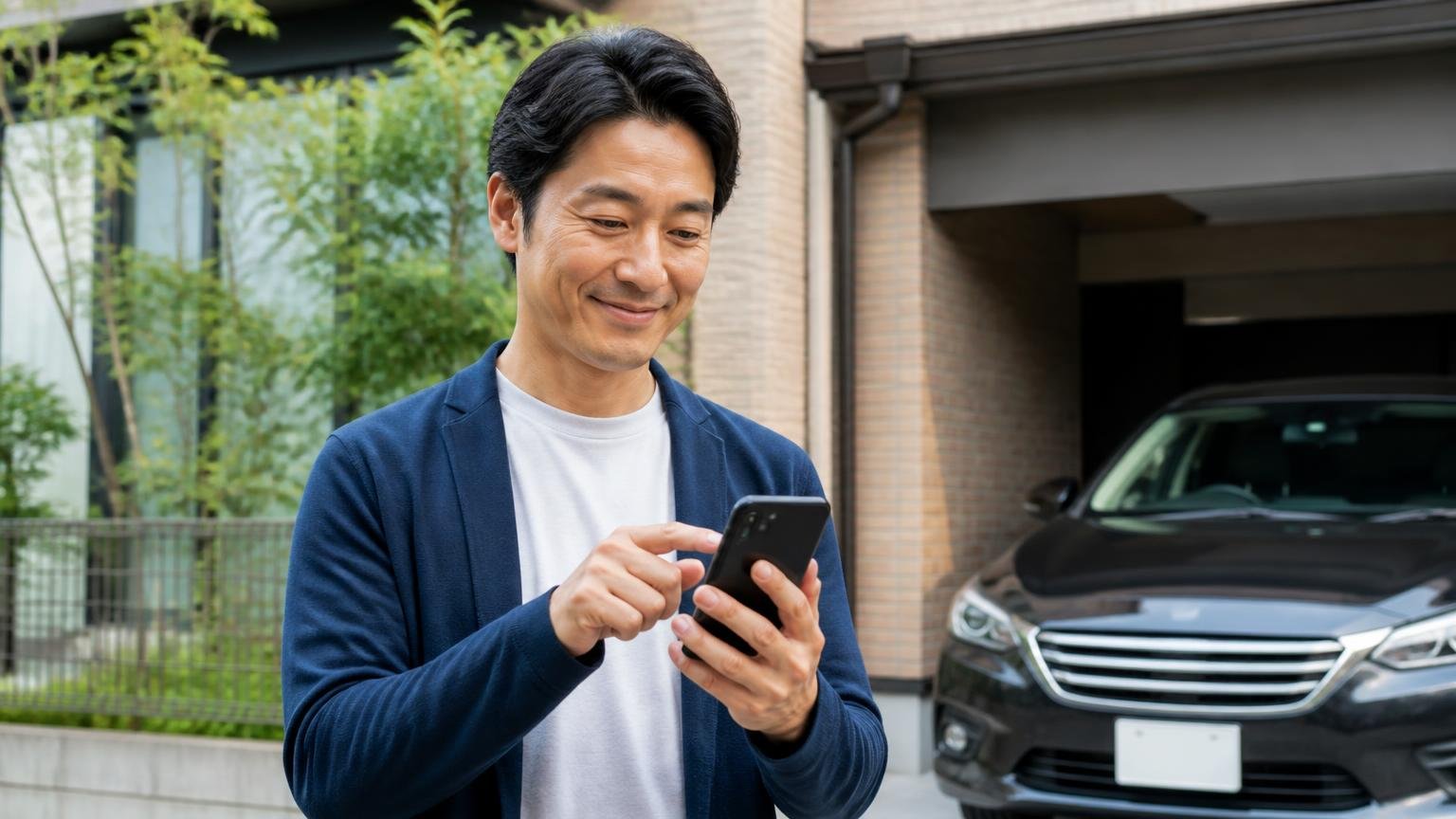 評判を確認したら次は金額を並べる 車庫の前でスマホから無料査定を申し込む男性1人が前向きな表情