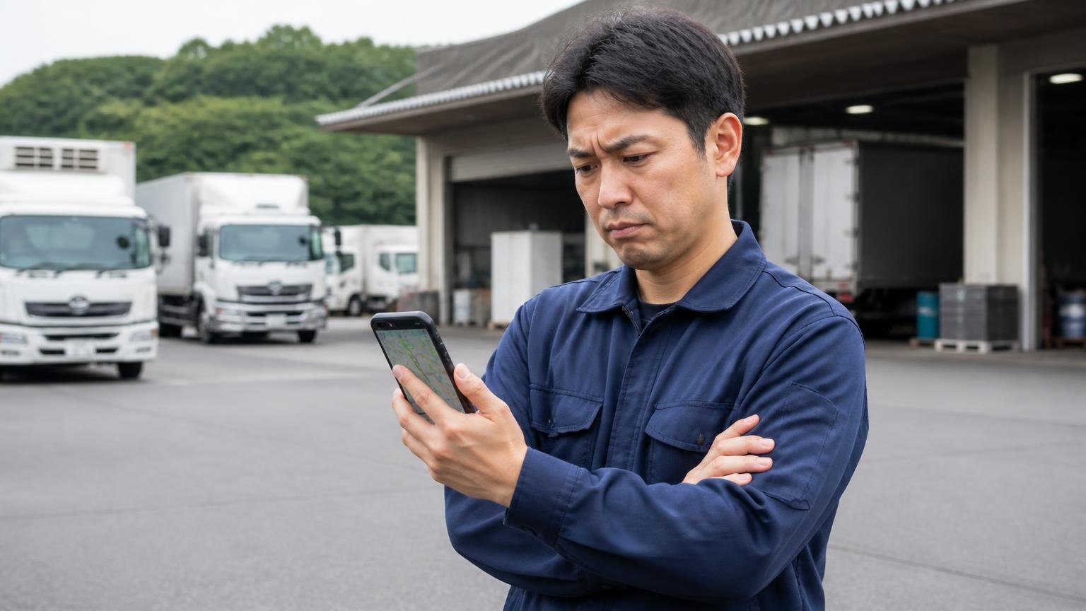 トラックエイトが向いていない人。遠方の車庫でスマホの地図を見ながら男性1人が腕を組んで考え込む