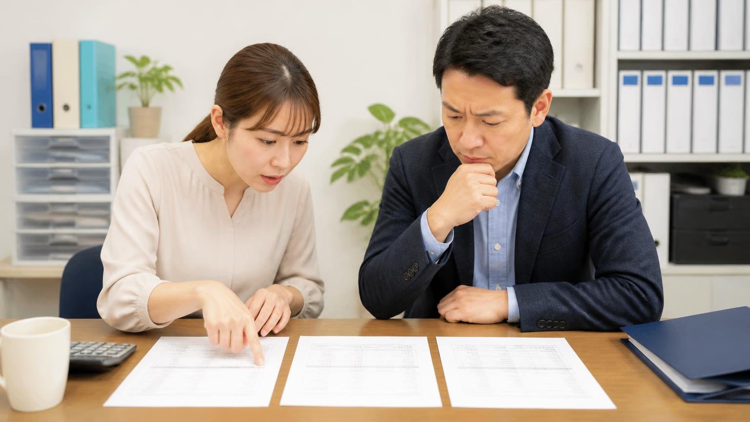 評判は比べる相手を選ぶために使う｜事務所の机に3社の見積書を並べて見比べる女性事務員と経営者