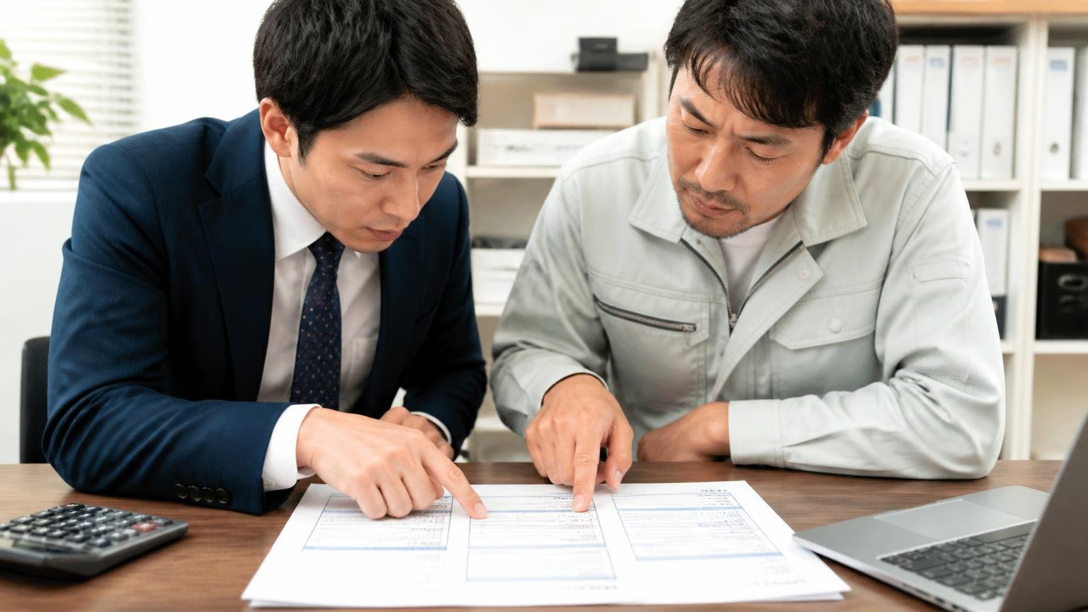 見積書の3つの欄 事務所の机に広げた買取見積書の内訳を指でたどる男性2人 確認する真剣な表情