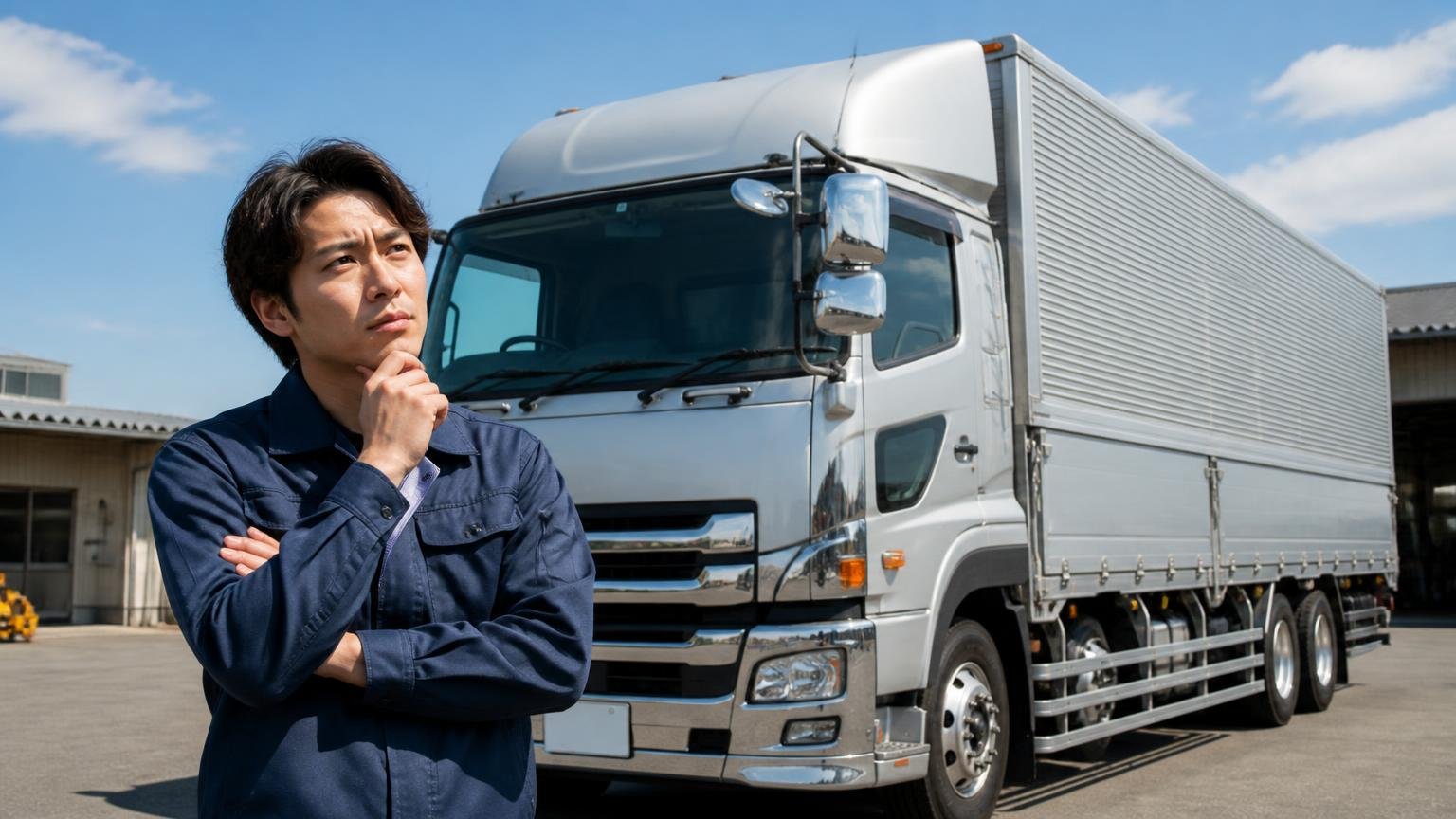 共栄自工が向いていない人とその場合の考え方。きれいな高年式のウイング車の前で腕組みして考える男性の場面