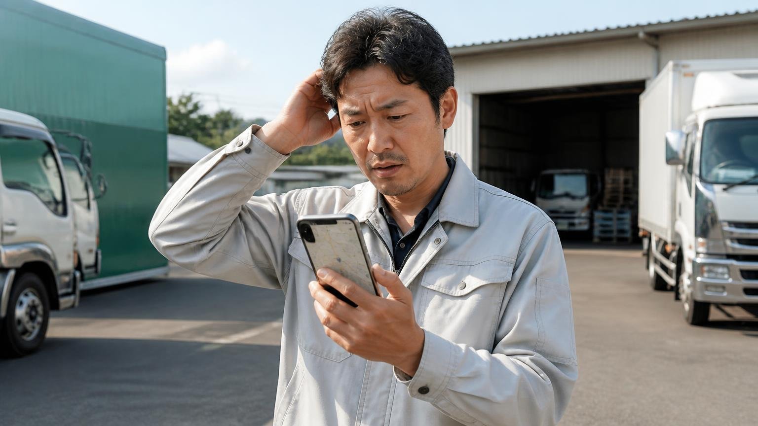 グローバル・トラックスが向いていないのはこんな人 遠方の車庫でスマホを持ち地図を見ながら悩む作業着の男性1人