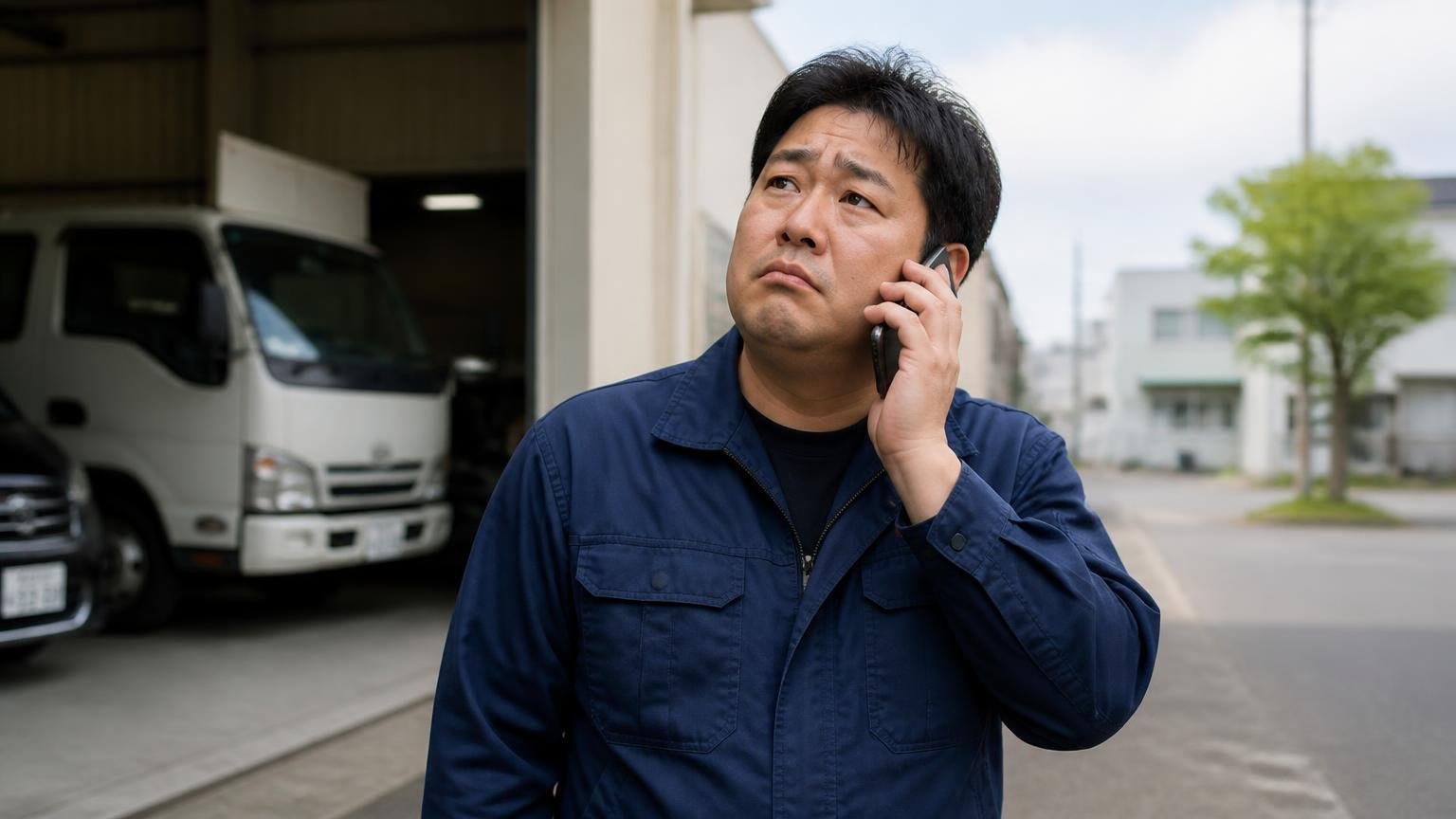 「連絡が取りづらい」は会社の体質か規模の問題か 車庫の外で携帯電話を耳に当てて待つ男性1人
