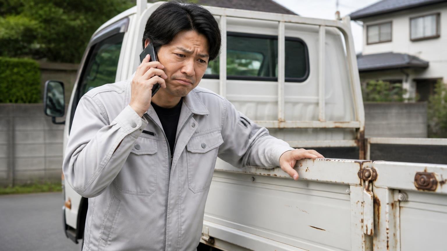 電話で聞いた金額と当日の金額が変わる理由。トラックの荷台まわりを確認する屋外で男性が電話をしながら渋い顔をする