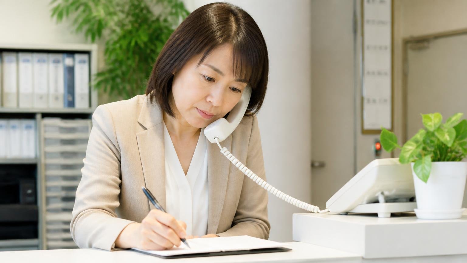 減額の条件を査定に来る前に聞いておく／事務所の電話台でメモを取りながら通話する女性1人／真剣な表情でペンを走らせる