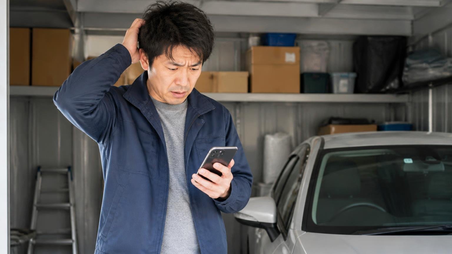ウィングエムが向いていない人・遠方の車庫で地図アプリを見る男性1人が困った表情