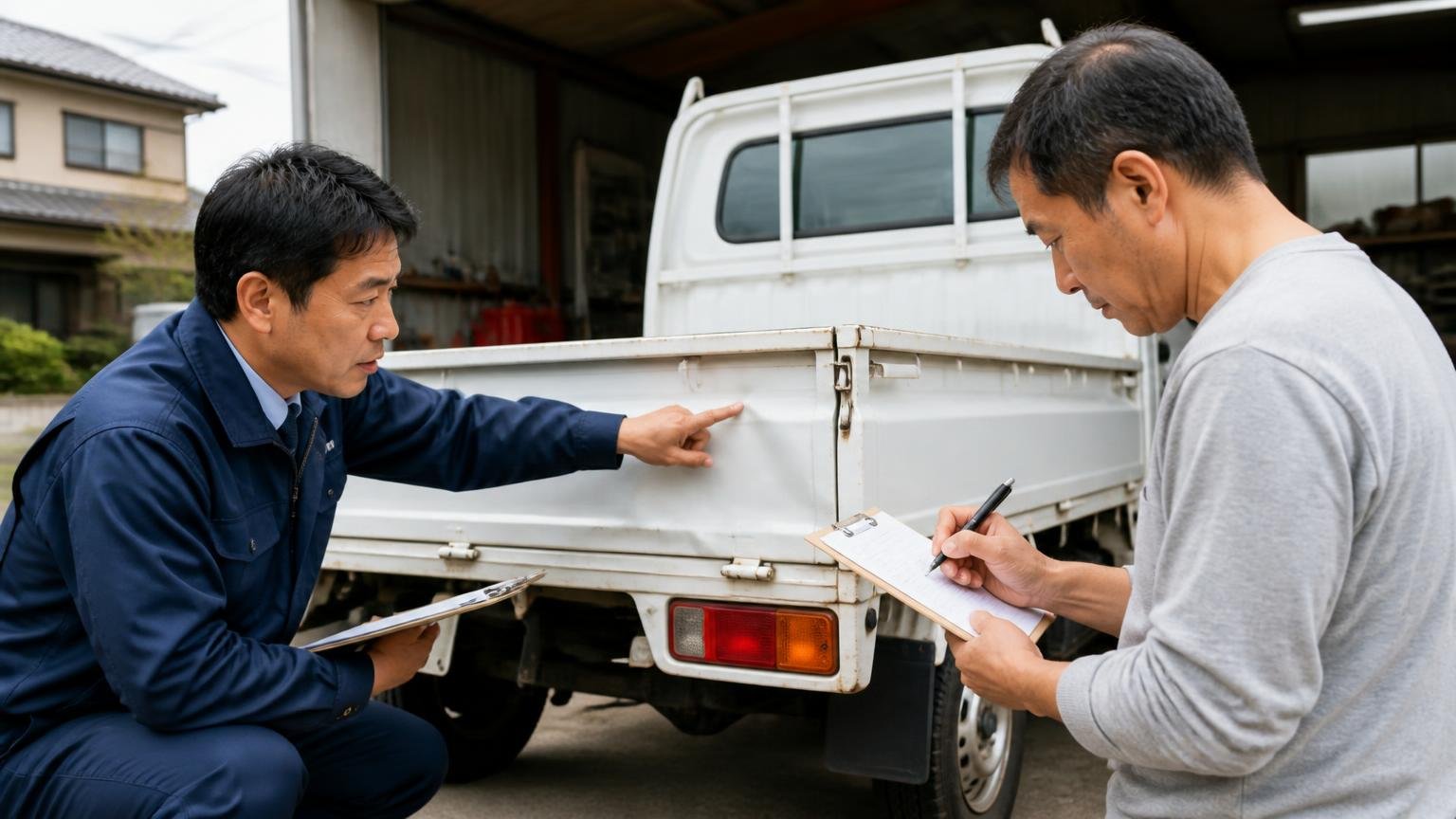 電話の概算と現車査定の差を防ぐ「減額条件」の確認、車庫で査定員が荷台のへこみを指さし所有者の男性が書面にメモする屋外の2人