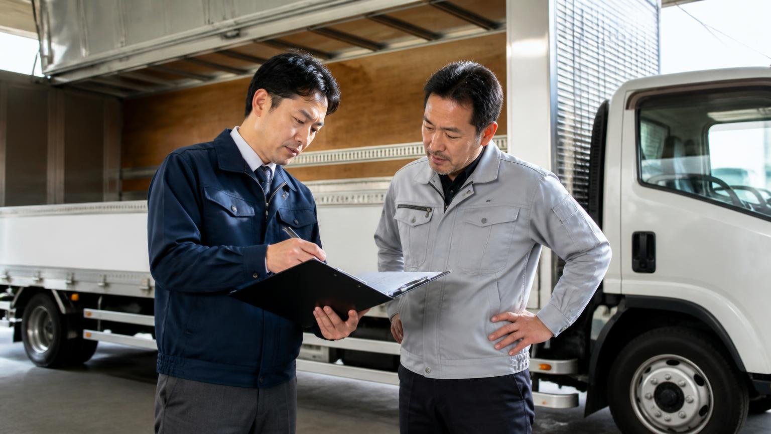 査定当日は減額の条件と無料の範囲を書面で確認する、車庫で4tウイングの荷台を確認しながら見積書を書く査定士と依頼者の2人